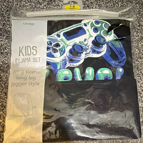 George Boys Pyjama Set 7-8 Years Long Sleeve Jogger Style Gaming Black