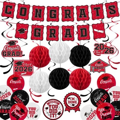 2026 Graduation Party Supplies Kit - Grad Decor Set with Congrats Red 