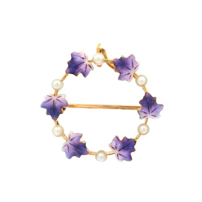 Antike Jugendstil 14k Gold Saatperle lila Emaille Blattkranz Anstecknadel Brosche