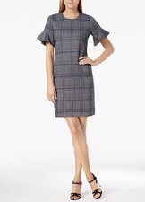 Calvin Klein Women’s Gray Blue Plaid Houndstooth Shift Dress Flutter Sleeve Sz 2