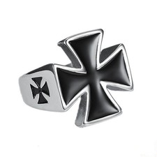 Stainless Steel Black Enamel Cross Silver Men's Ring