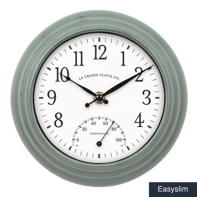 Distressed Sage Green Wall Clock 8-Inch Quartz Thermometer Display