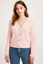 Women’s Sweater M Pink Chunky Knit Cardigan Bobble Cable Button Front Soft