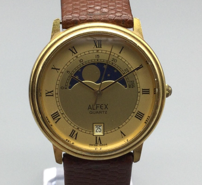 Vintage Alfex Moonphase Watch Womens 33mm Date Swiss Made Gold