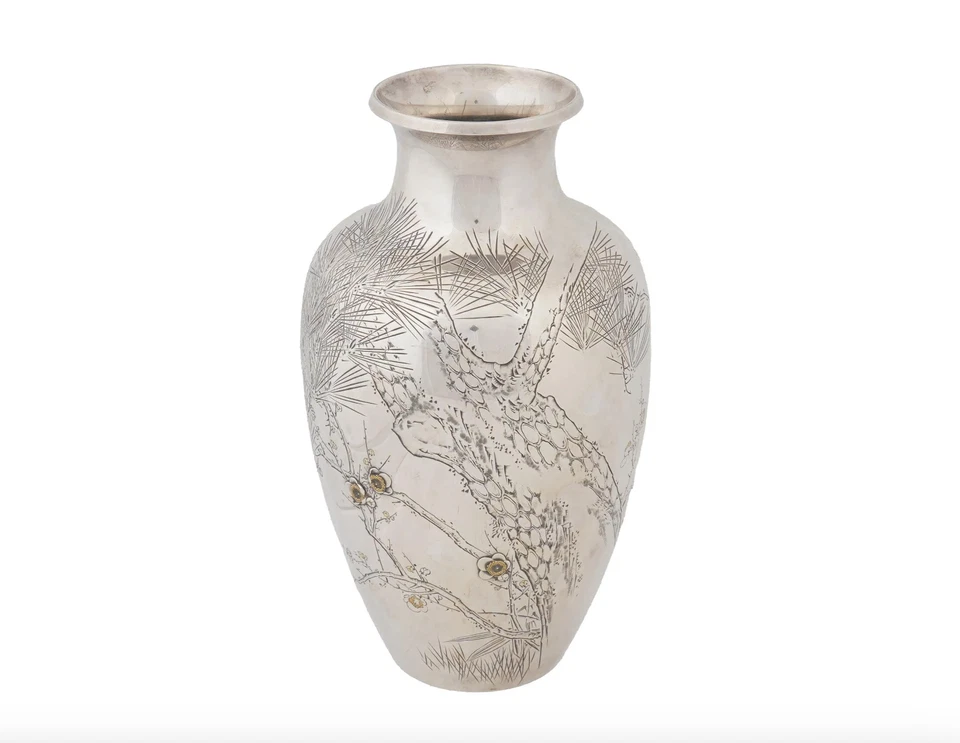 Antiguo Magnífico Jarrón Meiji Japonés Plata y Oro Flor de Cerezo - Firmado Foto 2 de 4