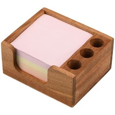 Acacia Wood Sticky Note Holder with 3 Pen Holders, 3x3 Post It Note Dispenser...