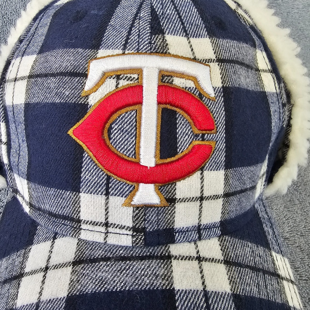 MN Twins Hat Ear Flap Sherpa Lined TC Blue White Plaid Snapback