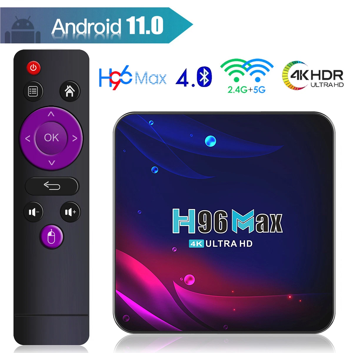 BOÎTIER SMART TV H96 MAX V11, Android 11.0, 4 Go/64 Go, RK3318