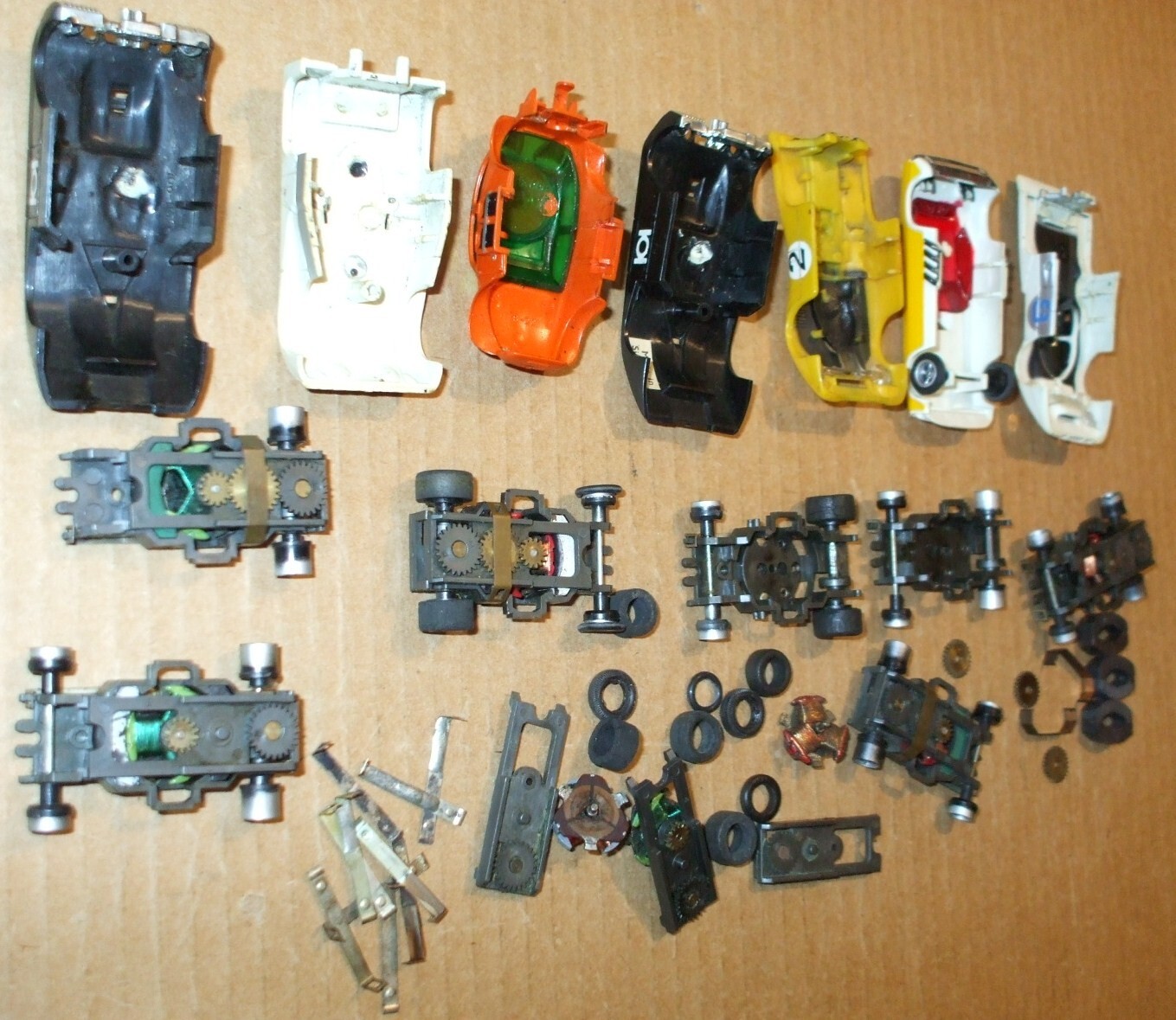 Vintage 1970's HO Aurora AFX slot car parts lot, bodies, tires gears