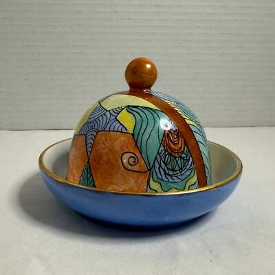 Vintage Ceramic Butter Cheese Dome A. Paxson Hand Painted Sunflower Gold Rim