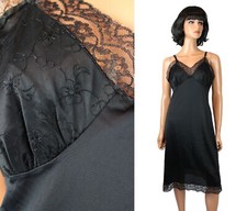 50s Full Slip 36 M Vintage Lorraine Black Embroidered Chiffon Cup Lace Trim