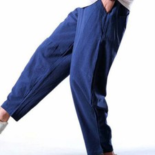 Men Harem Long Pants Wide Leg Trousers Linen Plain Loose Drawstring Waist Casual