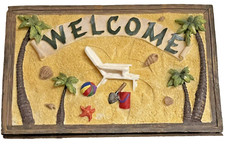 Wall Plaque WELCOME Nautical Summer Beach Cottage Sandbech Palm Tree Seashells