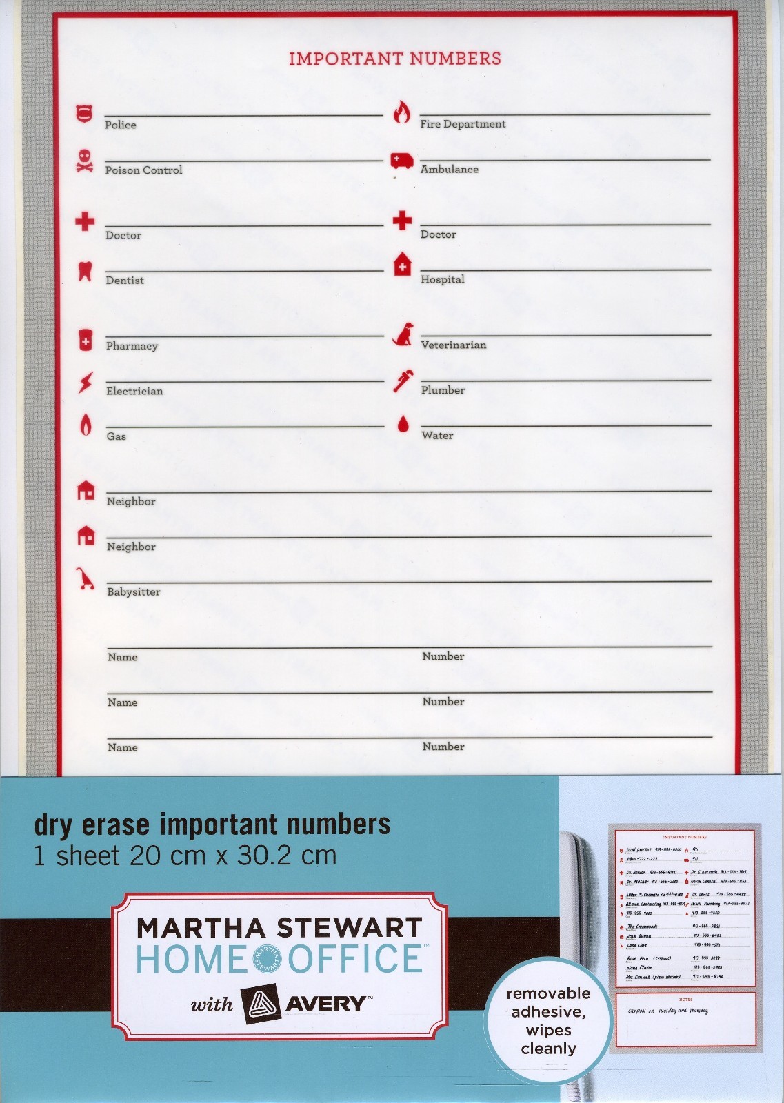 Martha Stewart Home Office Dry Erase Important Numbers