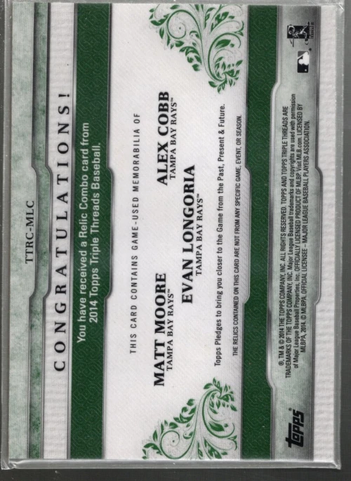 B5278- 2014 Triple Threads Relic Emerald #TTRCMLC Cobb Longoria Moore Jersey /18 - Image 2 of 2