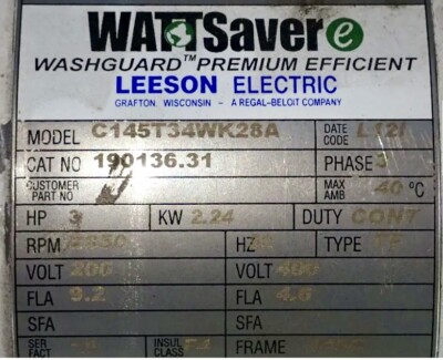 LEESON MOTOR 3HP 200/400V WASHDOWN MOTOR C145T34WK28A 190136.31 New Open Box