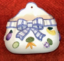 Vintage Fitz and Floyd “Vegetable Bowquet” Wall Pocket Veggie W/ Plaid Blue Bow