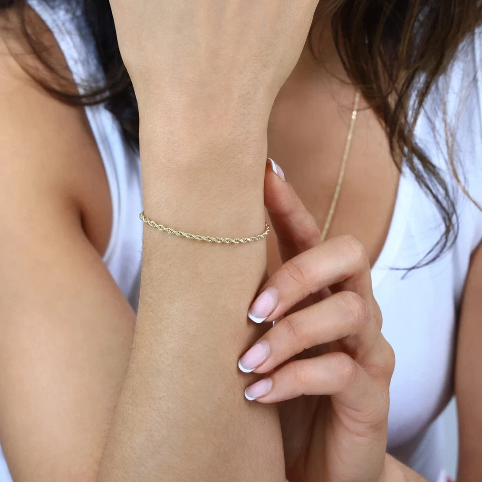 10K Yellow Gold 1mm-2.5mm Diamond Cut Rope Chain Bracelet Men Women 7" 8" 9" - Image 4 of 4