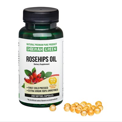 Siberian Rosehips Oil 200 Caps Cold Pressed Unrefined Wild Harvested Anti-Aging