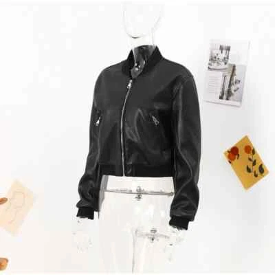 Women Bomber Jacket Cropped New Leather Short Female Stand Collar