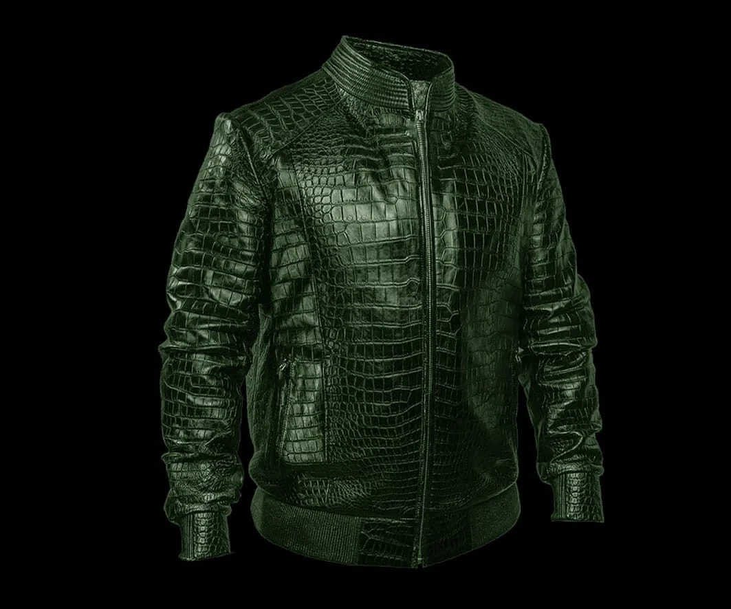Mens Crocodile Embossed genuine Cowhide Leather Green Bomber Zipper Jacket