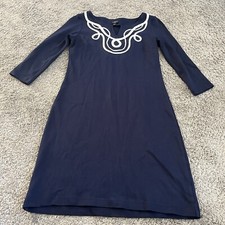 Talbots Petites Dress Navy Blue White Embroidered Trim Knit Size P Nautical