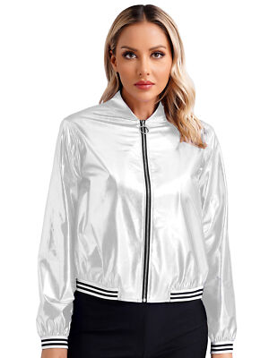 DE Damen Holographic Kostüm Glitzer Jacke Metallic Silber Langarm Bomberjacke