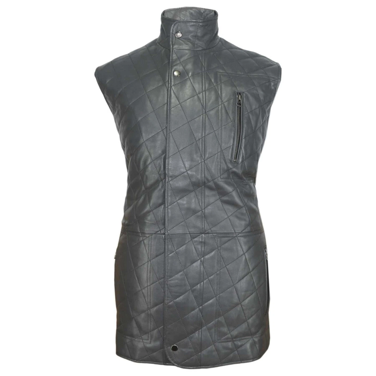 Grey Puffer Diamond Quilted Leather Sleeveless Vest Overcoat Mens Outdoor Jacket