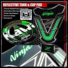 NINJA ZX-6R-14R REFLECTIVE LOGO GAS TANK PAD+GAS CAP FUEL LID COVER KIT GREEN