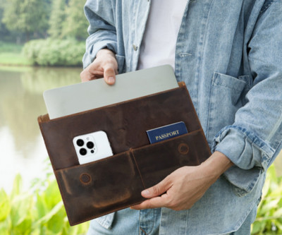Briefcase ipad bag pen Messenger Pouch phone card pocket cow Leather brown Q119
