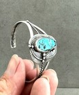 Vintage NAVAJO Big Turquoise STERLING Silver CUFF BRACELET Classic Leaf & Ball — photo 3