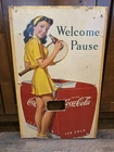 Vintage 1940s Coca Cola Cardboard Sign Tennis Girl Ice Cooler Welcome Pause Old