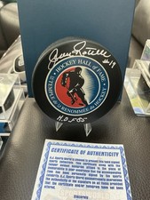 JEAN RATELLE SIGNED HOCKEY HALL OF FAME LOGO PUCK RANGERS BRUINS + AJ Sports COA