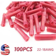 100pcs Red Nylon Insulated Butt Connectors Butt Splice Terminals 22-18AWG Wire