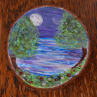 Handbemalte Baumscheibe Untersetzer 9 cm Mond See VOLLLACKIERT glitzernde Oberfläche