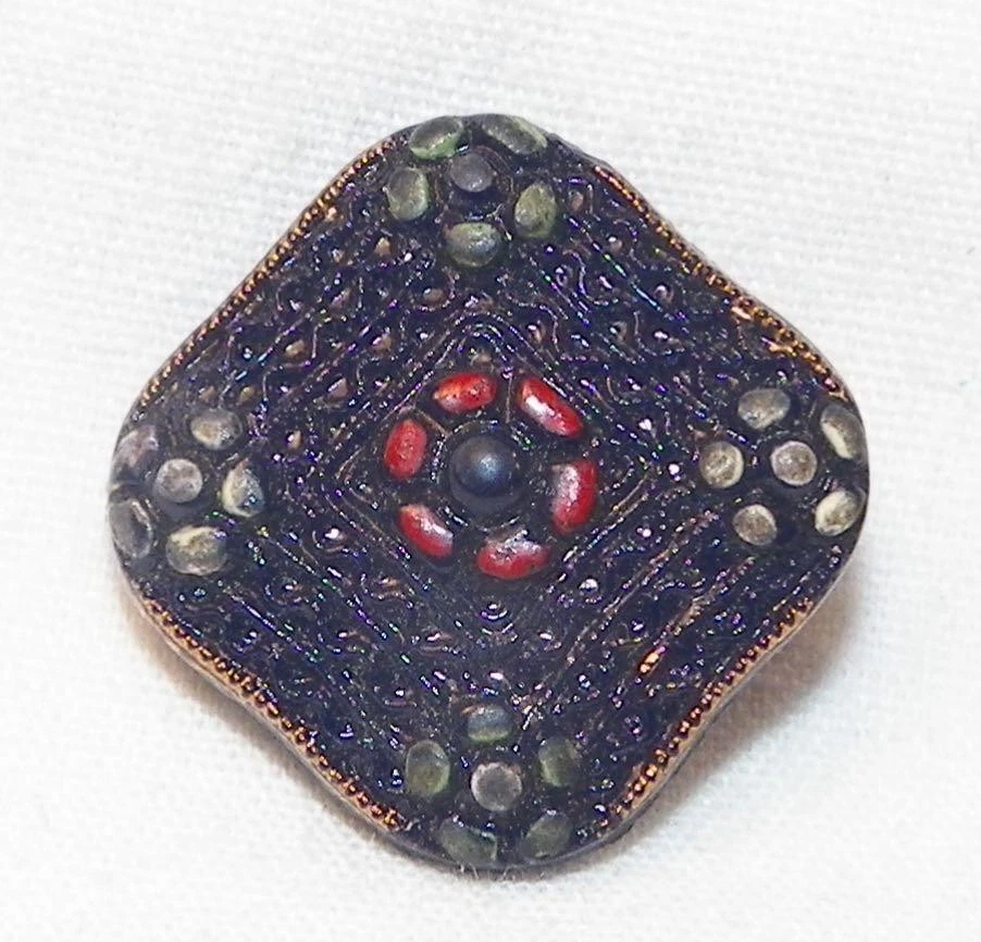 Navy Blue Glass Button Square Red Yellow Green Flowers Self Shank Vintage #23 - Image 2 of 4