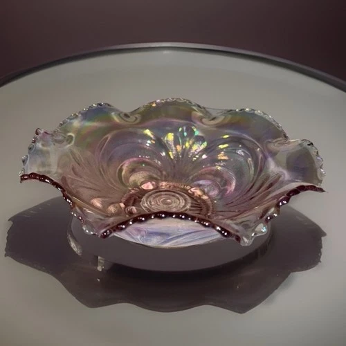 Vtg Imperial Gl. Iridescent Pink Carnival Gl. Scroll Design Bowl w/Sawtooth Edge