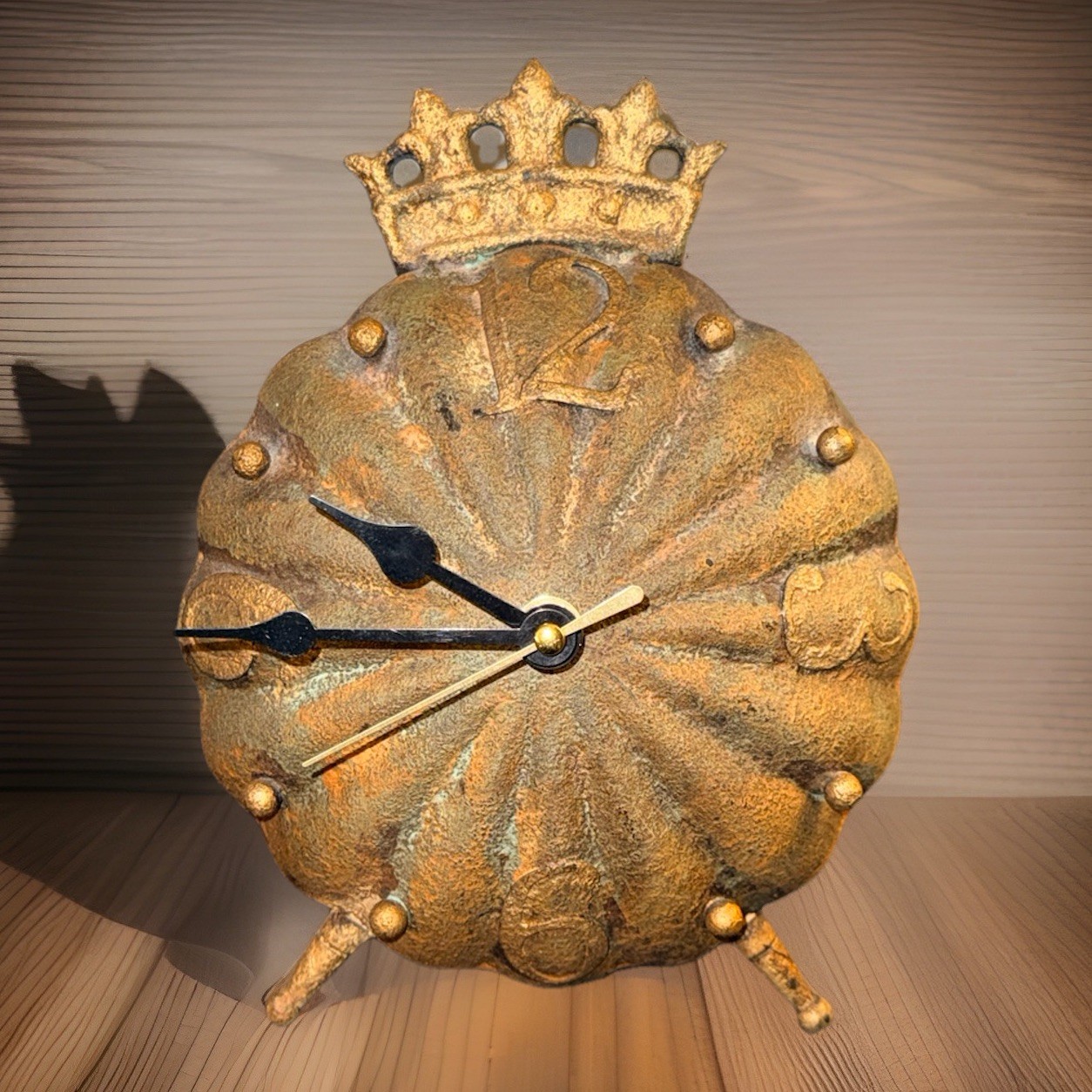 Vtg Style Distressed French-themed Metal Wall/Mantle Clock w/Crown-EC