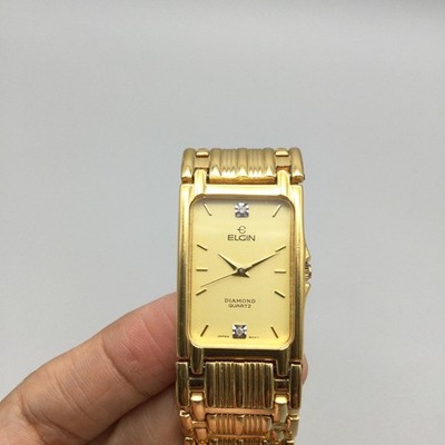Vintage Elgin Diamond Watch Women Gold Tone 22mm Rectangular New