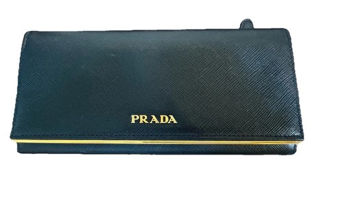 Prada Saffiano Leather Metal Trim Continental Long Black Wallet With COA