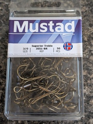 50 Pack -Mustad 3551 - Size 3/0 - Bronze Ringed Style Treble Hooks Muskie Pike