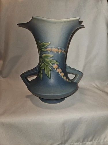Roseville 967-8 Blue Floral Art Pottery Vase Hand Painted Decorative Ceramic