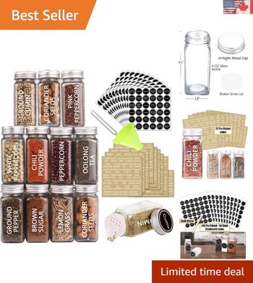 Complete Spice Storage Set: 36 Glass Jars, Shaker Lids & 703 Labels Included