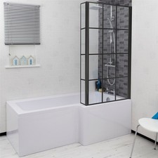 Bathroom L Shaped Bath Black Grid Shower Screen RH Front Panel White 1600mm