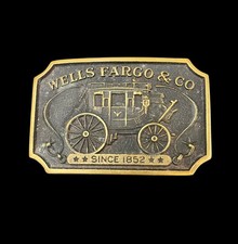 Vintage 1973 Wells Fargo & Co Brass Belt Buckle Stagecoach Official Serial AX30