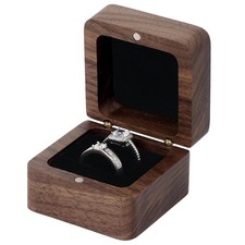 Wooden Ring Box for Wedding Ceremony 2 Slots,Small Square Solid Wood Black