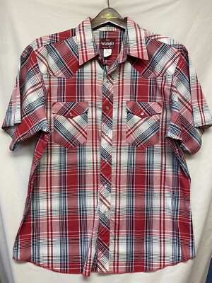 Vintage Wrangler Pearl Snap Button Up Western Shirt Plaid Short Sleeve Men Large