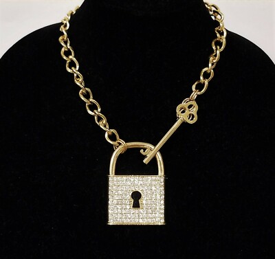 SIMPLE BLACK LABEL GOLD TONE TOGGLE PAD LOCK+KEY CHARM CRYSTALS CHOKER NECKLACE