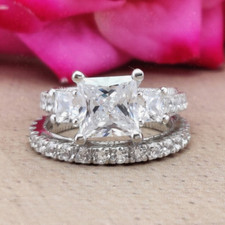 4.27 TCW Princess Cut Moissanite 3-Stone Engagement Ring 14K White Gold Plated