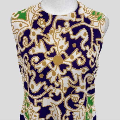 Vintage 70s Leslie Fay Soft White Purple Green Side Slit Baroque Maxi Dress - Picture 2 of 9